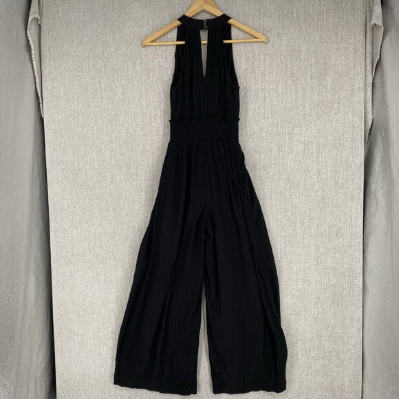 By Anthropologie Jumpsuit Womens XS Black Wide Leg Smocked Halter Keyhole V-Neck - Picture 3 of 16